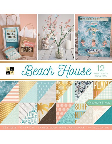 Bloc de 36 feuilles - cardstock imprimé recto/verso + foil doré 30,5 X30,5 - 216g/m2 - Beach house